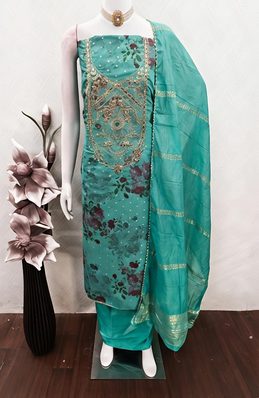 Sea Green Floral Printed & Embroidered Unstitched Suit Set view 6
