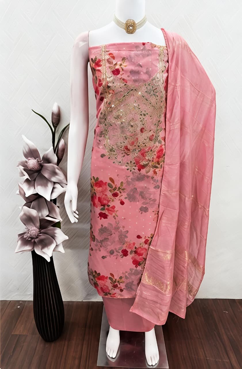 Blush Pink Floral Printed & Embroidered Unstitched Suit Set view 1