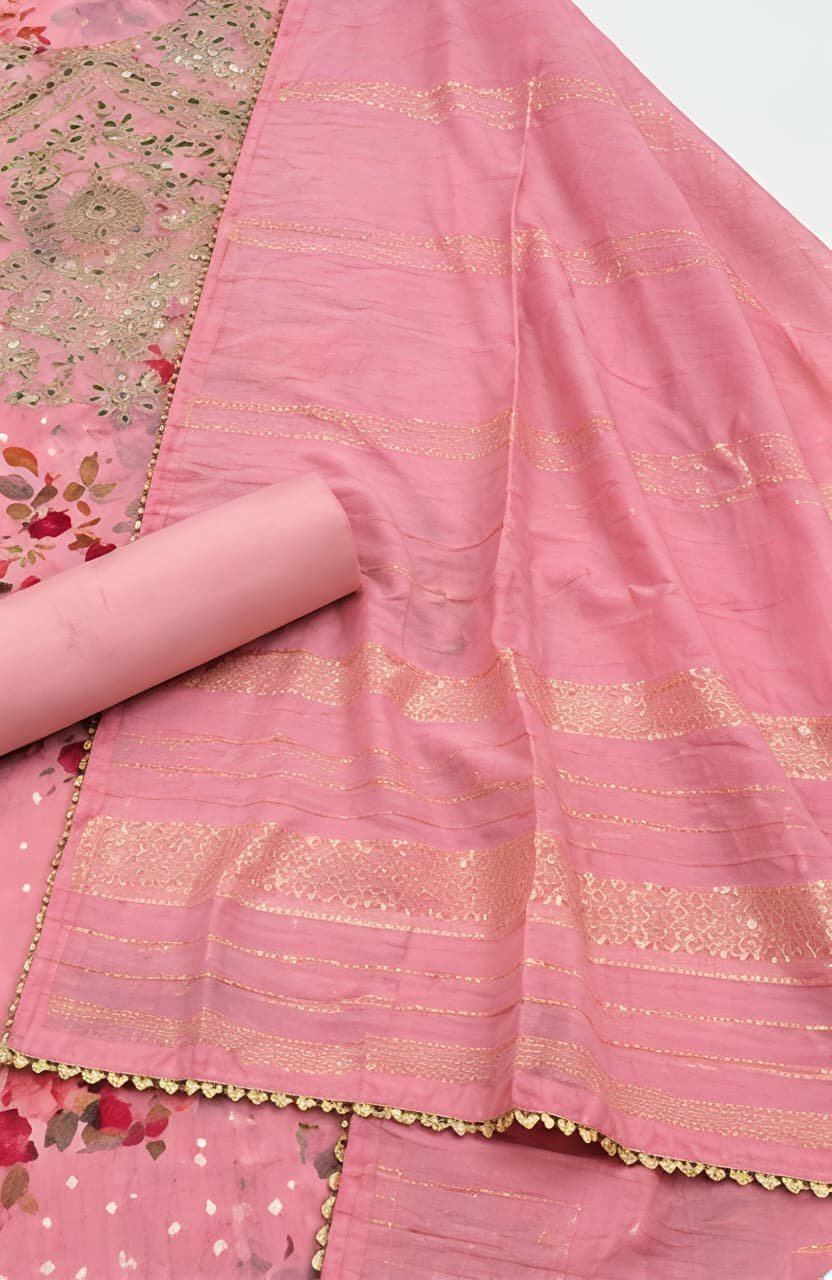 Blush Pink Floral Printed & Embroidered Unstitched Suit Set view 2