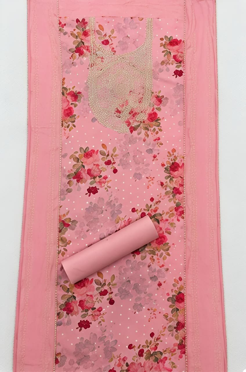 Blush Pink Floral Printed & Embroidered Unstitched Suit Set view 3
