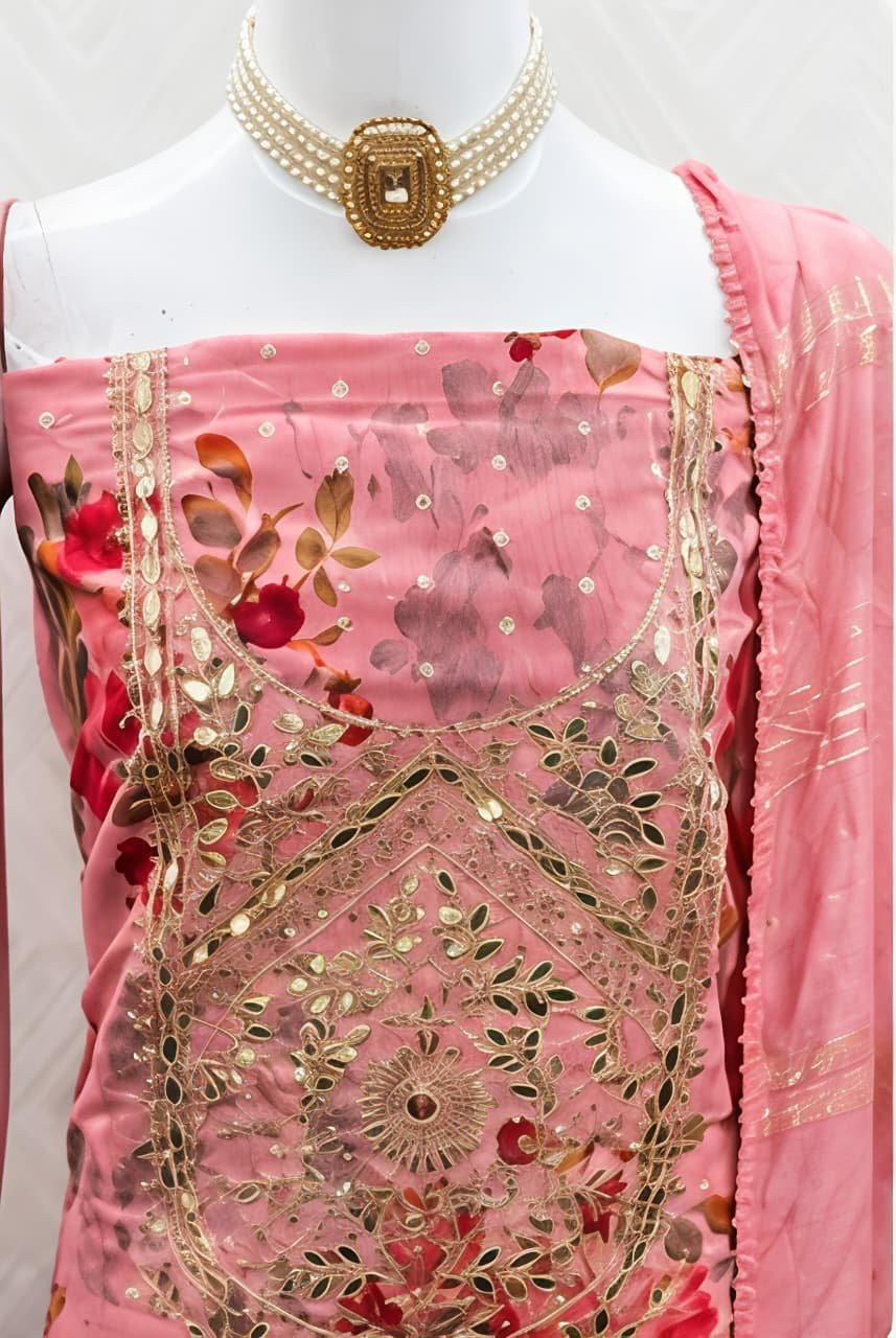 Blush Pink Floral Printed & Embroidered Unstitched Suit Set view 4