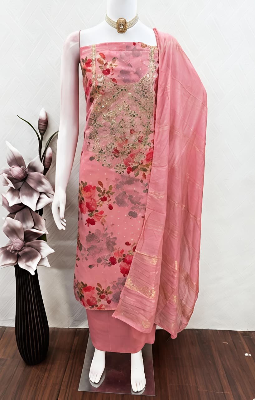Blush Pink Floral Printed & Embroidered Unstitched Suit Set view 5