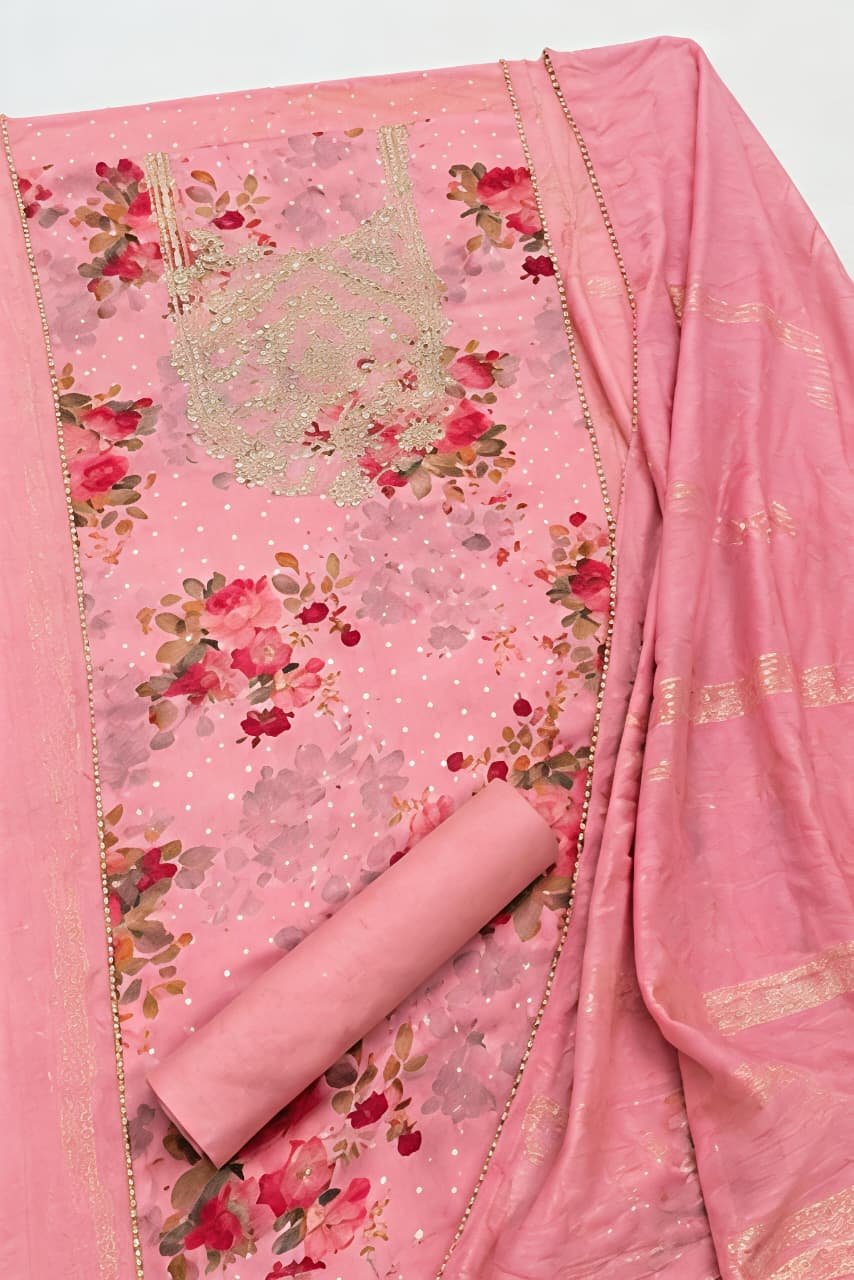 Blush Pink Floral Printed & Embroidered Unstitched Suit Set view 6