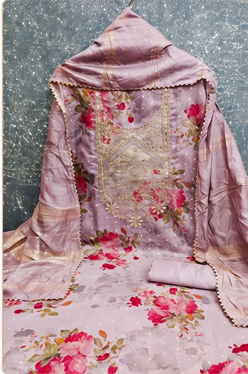 Lavender Floral Printed & Embroidered Unstitched Suit Set view 1