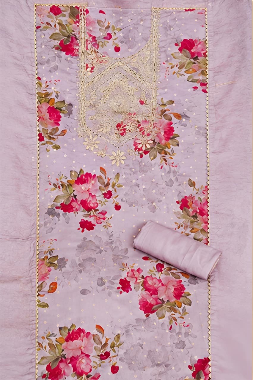 Lavender Floral Printed & Embroidered Unstitched Suit Set view 2