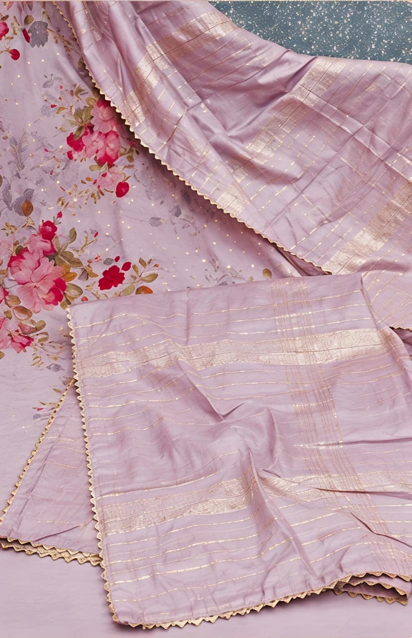 Lavender Floral Printed & Embroidered Unstitched Suit Set view 3