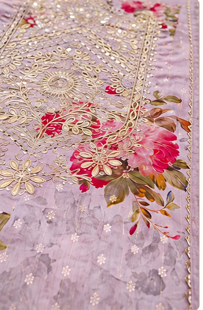Lavender Floral Printed & Embroidered Unstitched Suit Set view 5