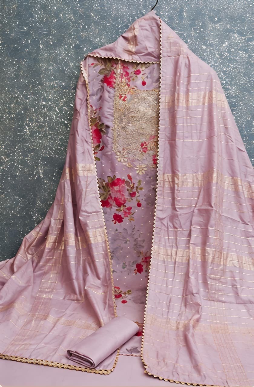Lavender Floral Printed & Embroidered Unstitched Suit Set view 6