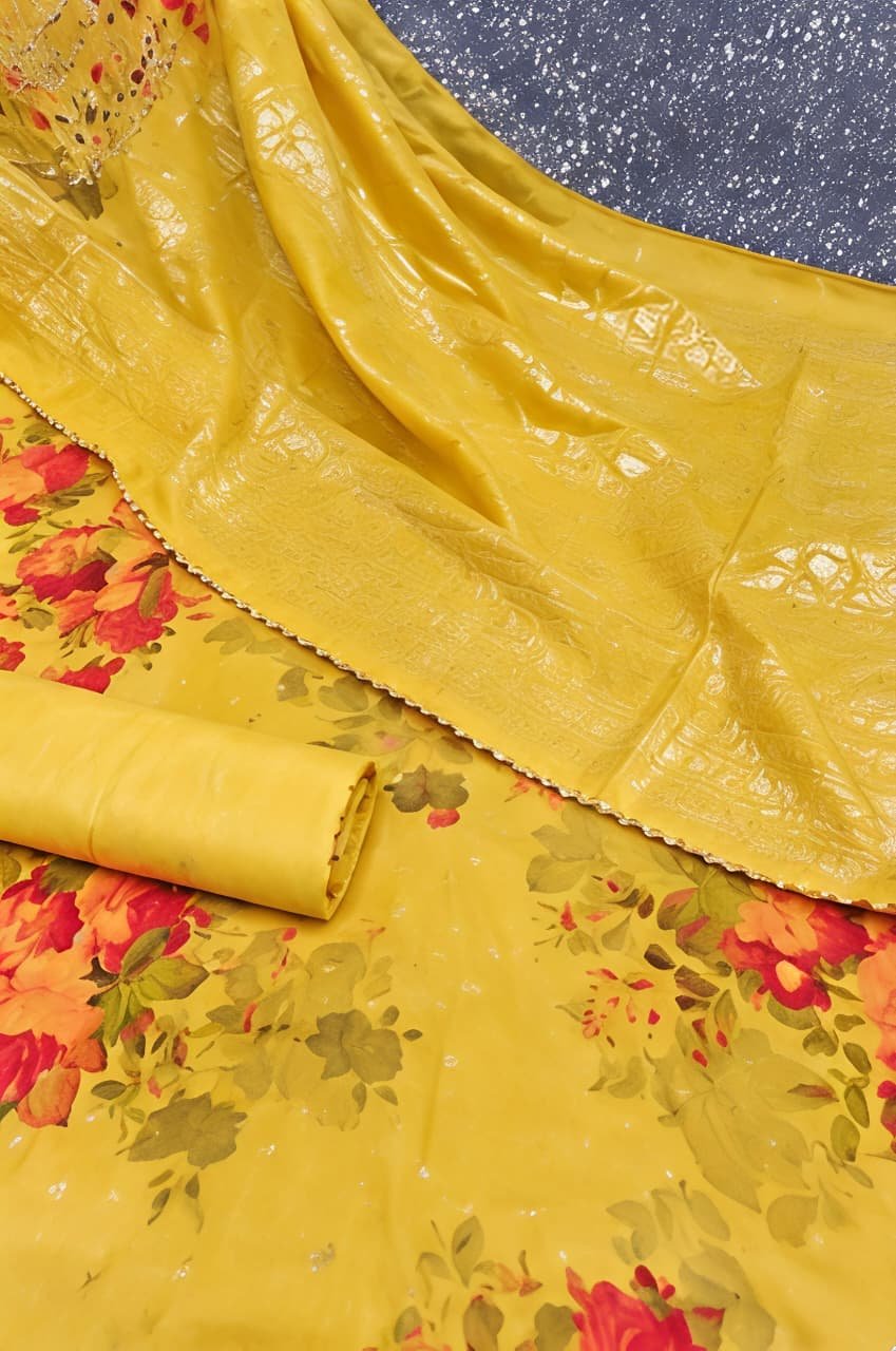 Vibrant Yellow Floral Printed Suit Set with Embroidered Neckline & Matching Dupatta view 1