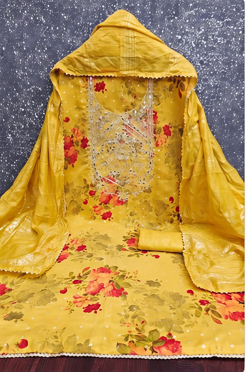 Vibrant Yellow Floral Printed Suit Set with Embroidered Neckline & Matching Dupatta view 2