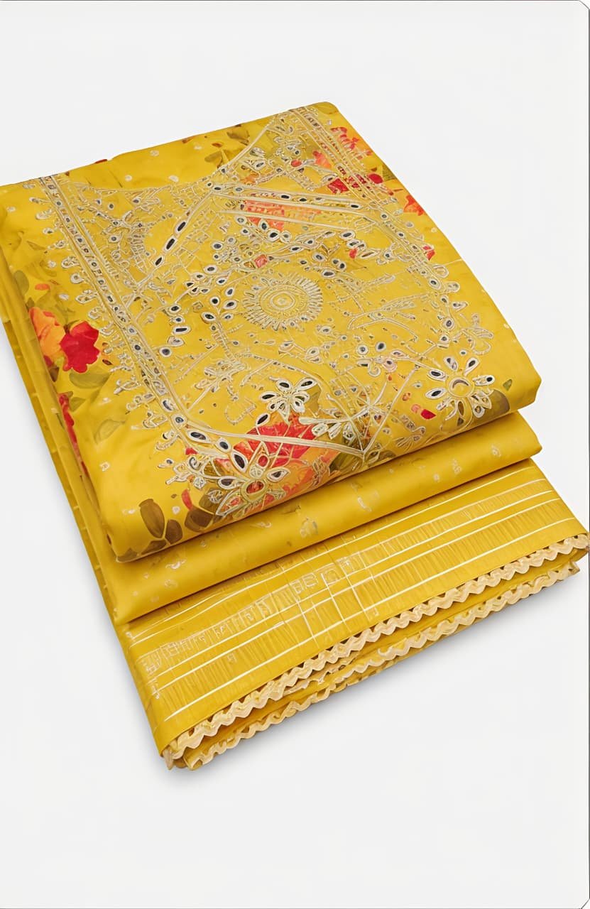 Vibrant Yellow Floral Printed Suit Set with Embroidered Neckline & Matching Dupatta view 3