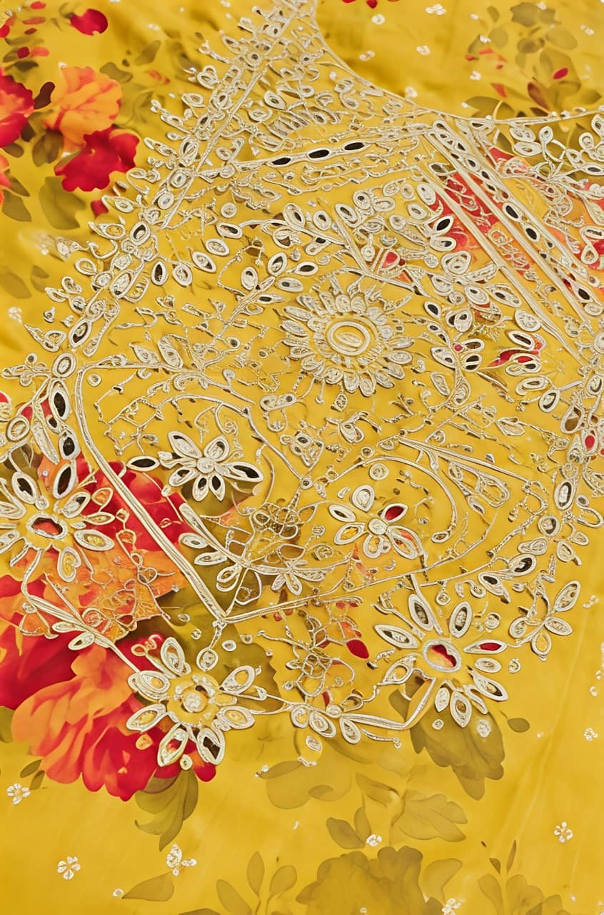 Vibrant Yellow Floral Printed Suit Set with Embroidered Neckline & Matching Dupatta view 4