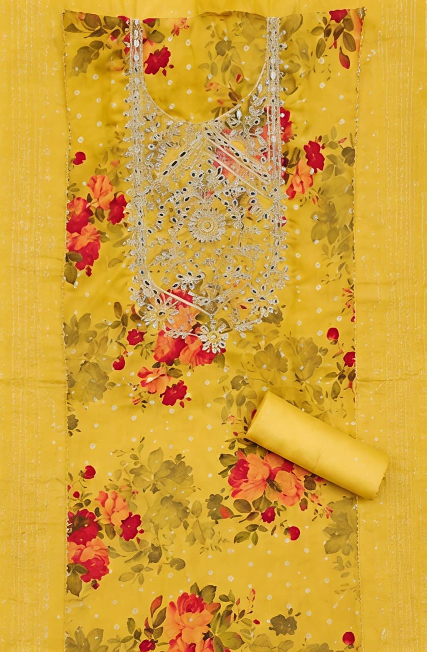 Vibrant Yellow Floral Printed Suit Set with Embroidered Neckline & Matching Dupatta view 5