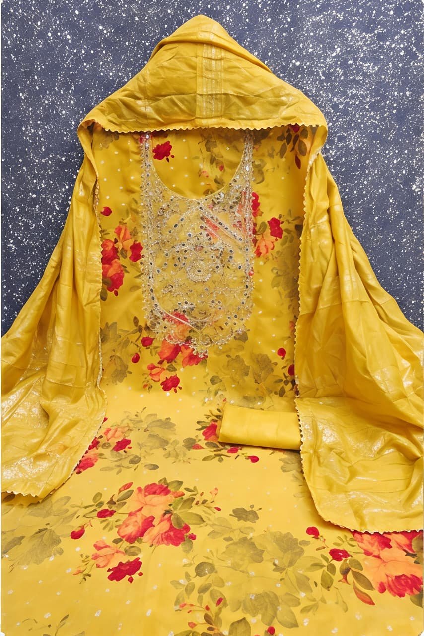 Vibrant Yellow Floral Printed Suit Set with Embroidered Neckline & Matching Dupatta view 6