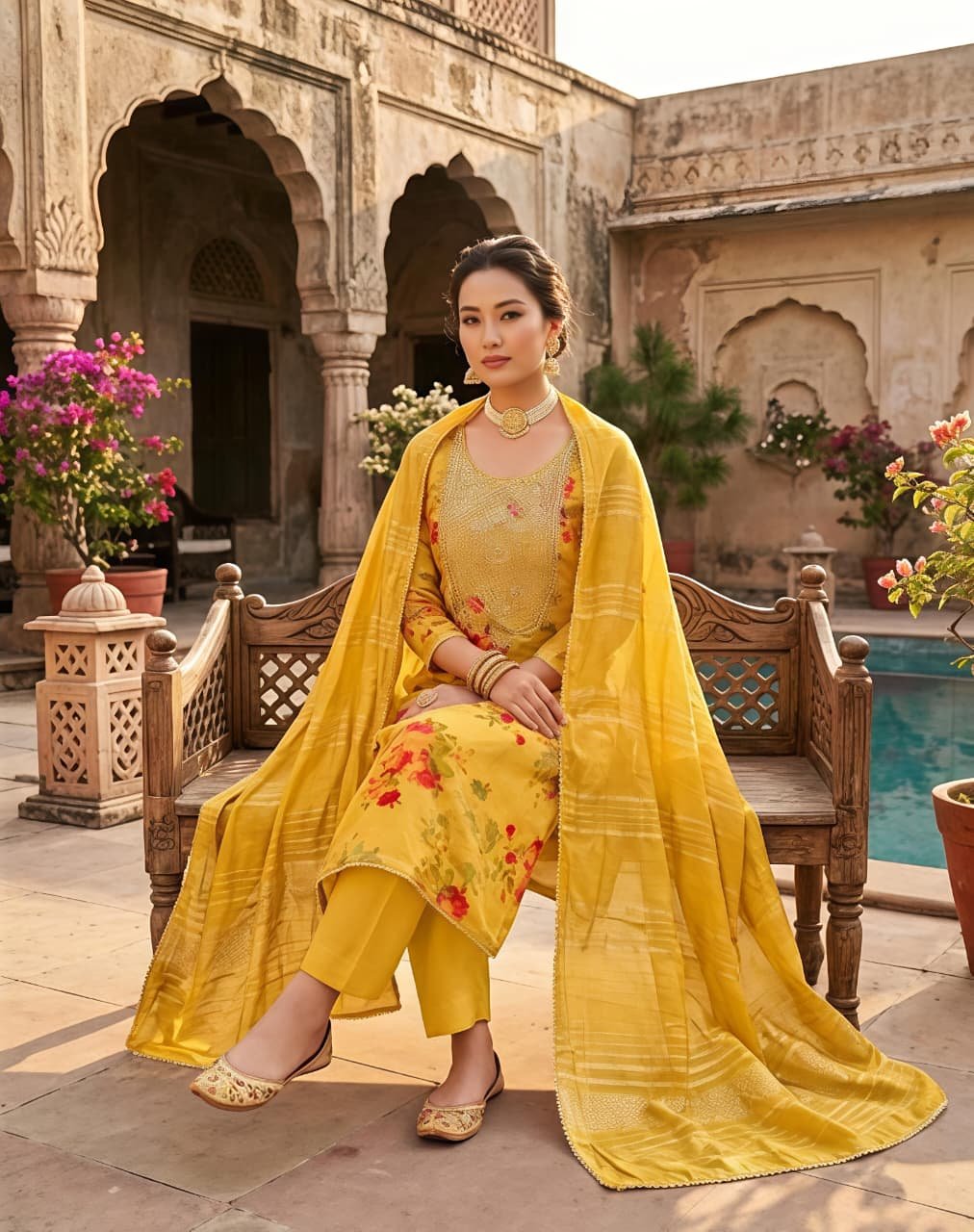 Vibrant Yellow Floral Printed Suit Set with Embroidered Neckline & Matching Dupatta view 7