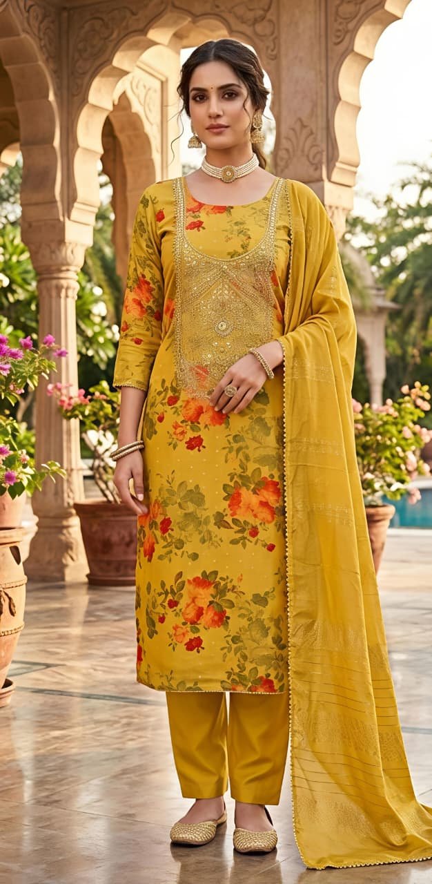 Vibrant Yellow Floral Printed Suit Set with Embroidered Neckline & Matching Dupatta view 8