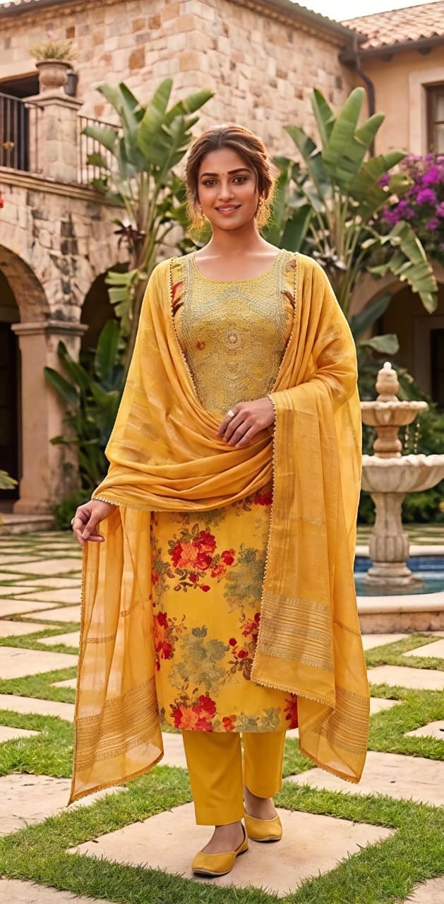 Vibrant Yellow Floral Printed Suit Set with Embroidered Neckline & Matching Dupatta