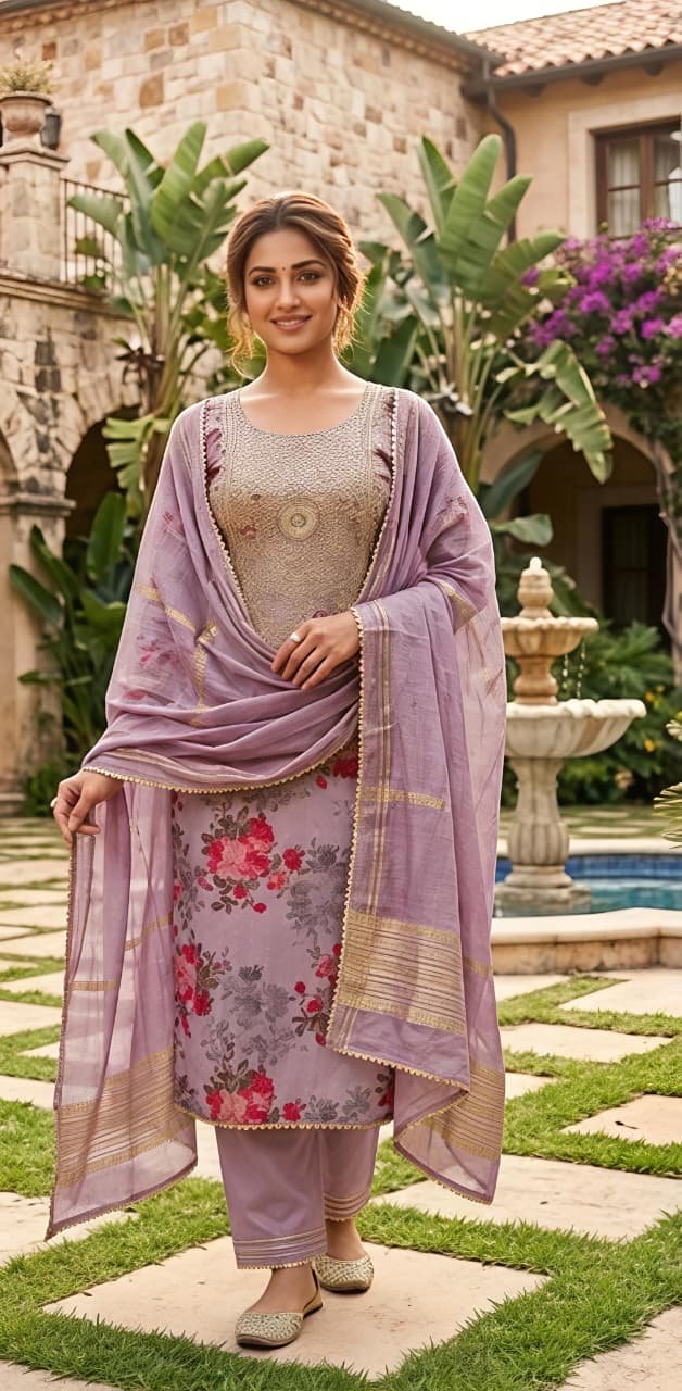 Lavender Floral Printed & Embroidered Unstitched Suit Set