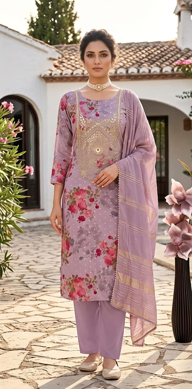 Lavender Floral Printed & Embroidered Unstitched Suit Set view 8