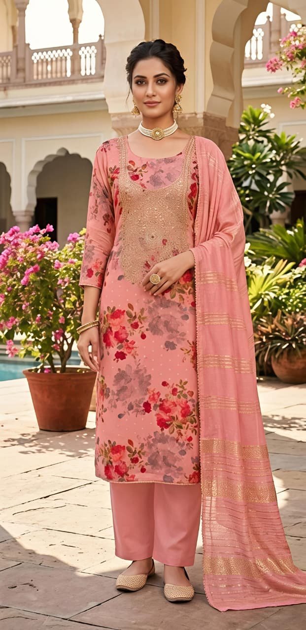 Blush Pink Floral Printed & Embroidered Unstitched Suit Set view 7