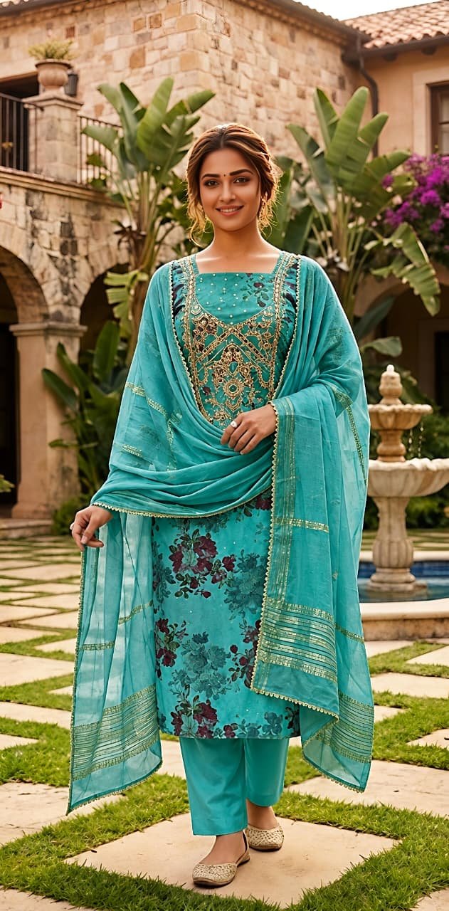 Sea Green Floral Printed & Embroidered Unstitched Suit Set