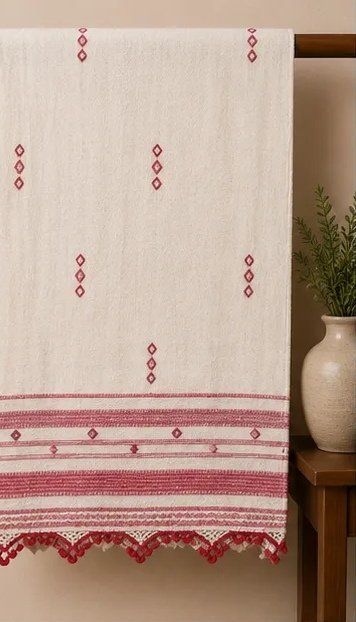 Ivory Crimson Handwoven Cotton Dupatta view 2