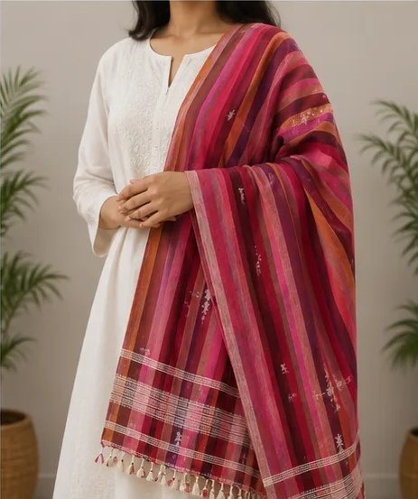 Rosewood Sunset Striped Cotton Dupatta view 1