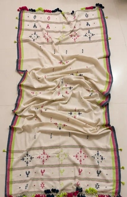 Ivory Multicolour Embroidered Cotton Dupatta view 4