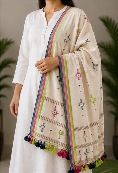 Ivory Multicolour Embroidered Cotton Dupatta view 6