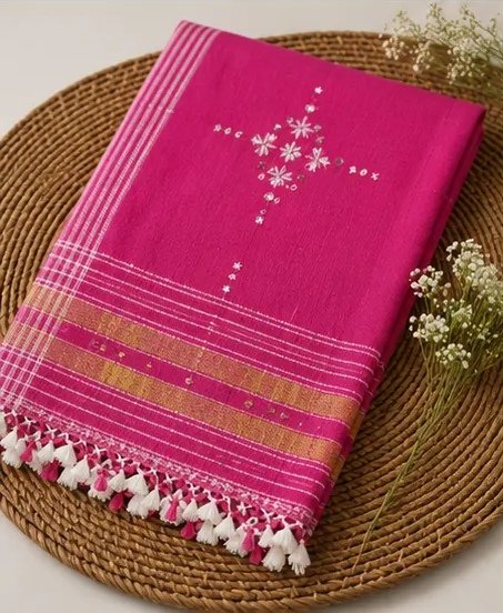 Rani Pink Handwoven Cotton Dupatta with Woven Border & Tassels view 1