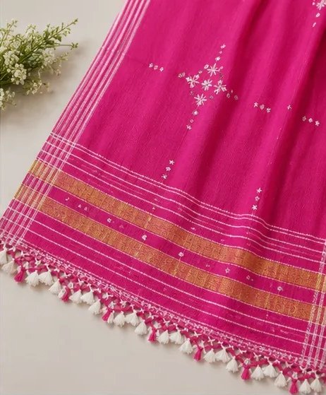 Rani Pink Handwoven Cotton Dupatta with Woven Border & Tassels view 2