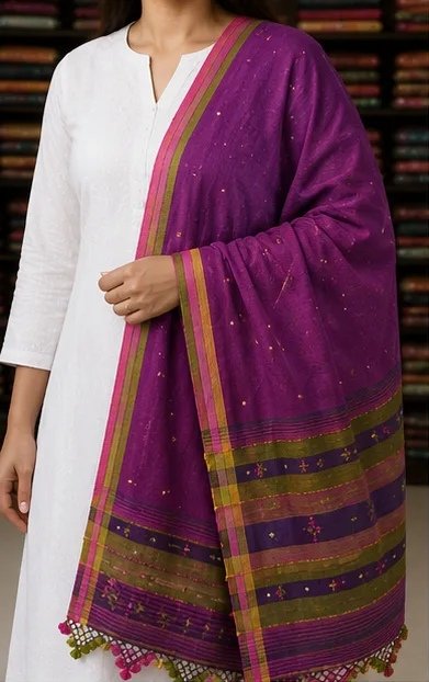 Royal Plum Embroidered Cotton Dupatta view 1