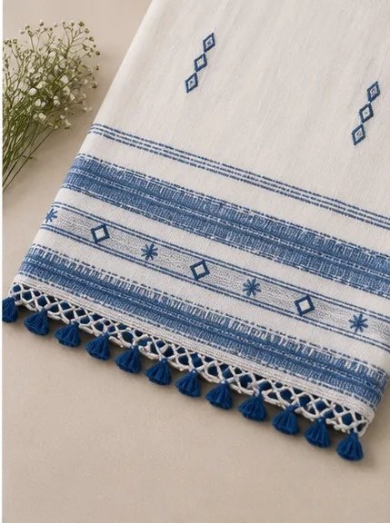 Ivory Sky Blue Handwoven Cotton Dupatta view 4