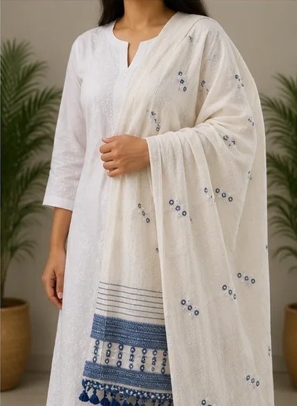 Ivory Indigo Handwoven Cotton Dupatta view 1