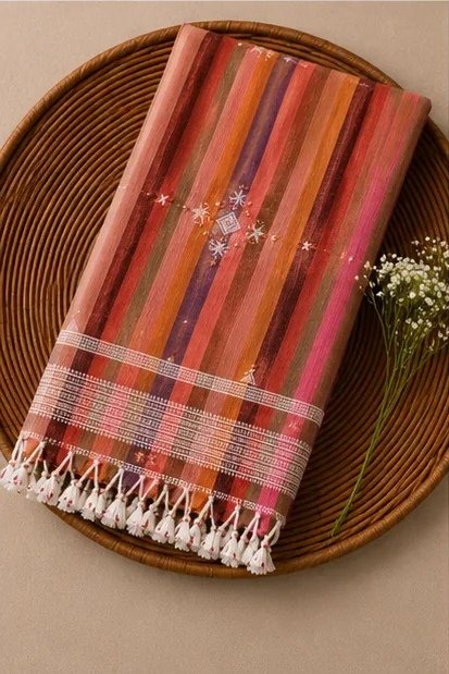 Rosewood Pink Striped Cotton Dupatta view 3