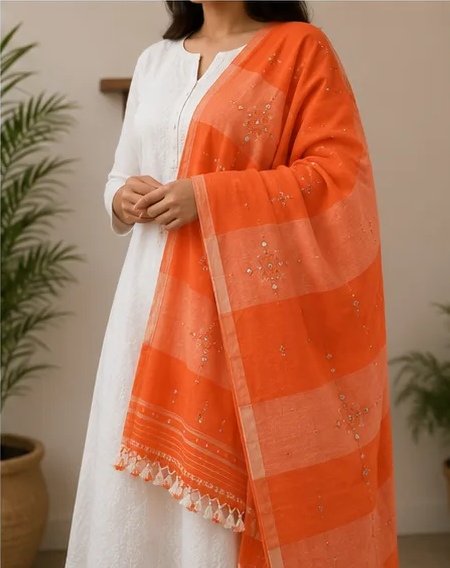 Sunset Orange Handcrafted Cotton Dupatta view 6
