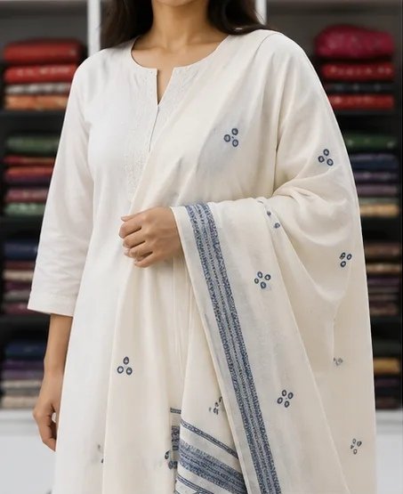 Ivory Blue Handwoven Cotton Dupatta view 1