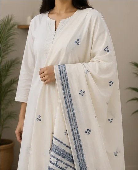 Ivory Blue Handwoven Cotton Dupatta view 6