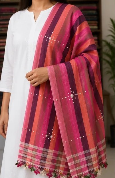 Berry Sunset Striped Cotton Dupatta view 1