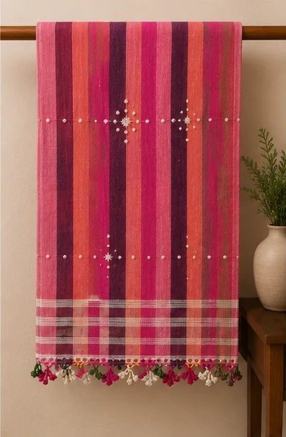 Berry Sunset Striped Cotton Dupatta view 2