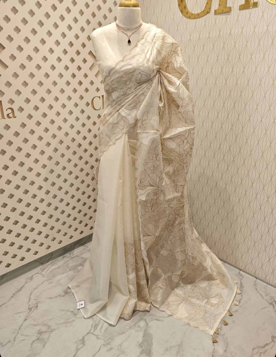 Ivory Floral Embroidered Designer Saree view 1