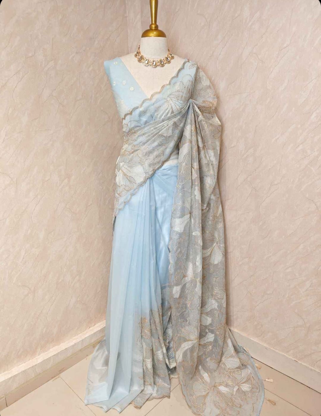Sky Blue Floral Embroidered Designer Saree view 1