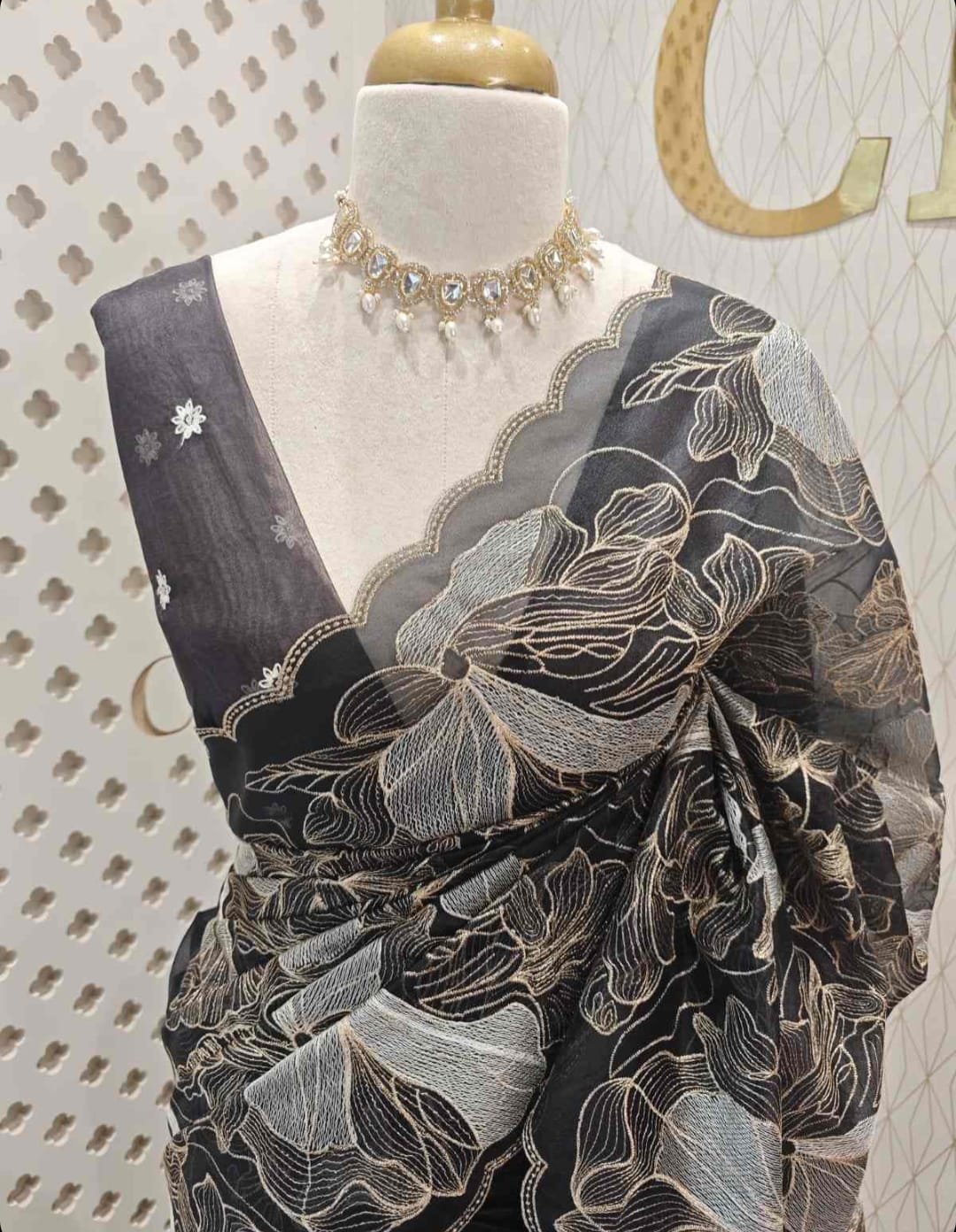 Black Floral Embroidered Designer Saree view 1