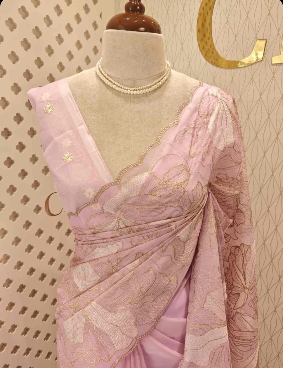 Pastel Pink Floral Embroidered Designer Saree view 1
