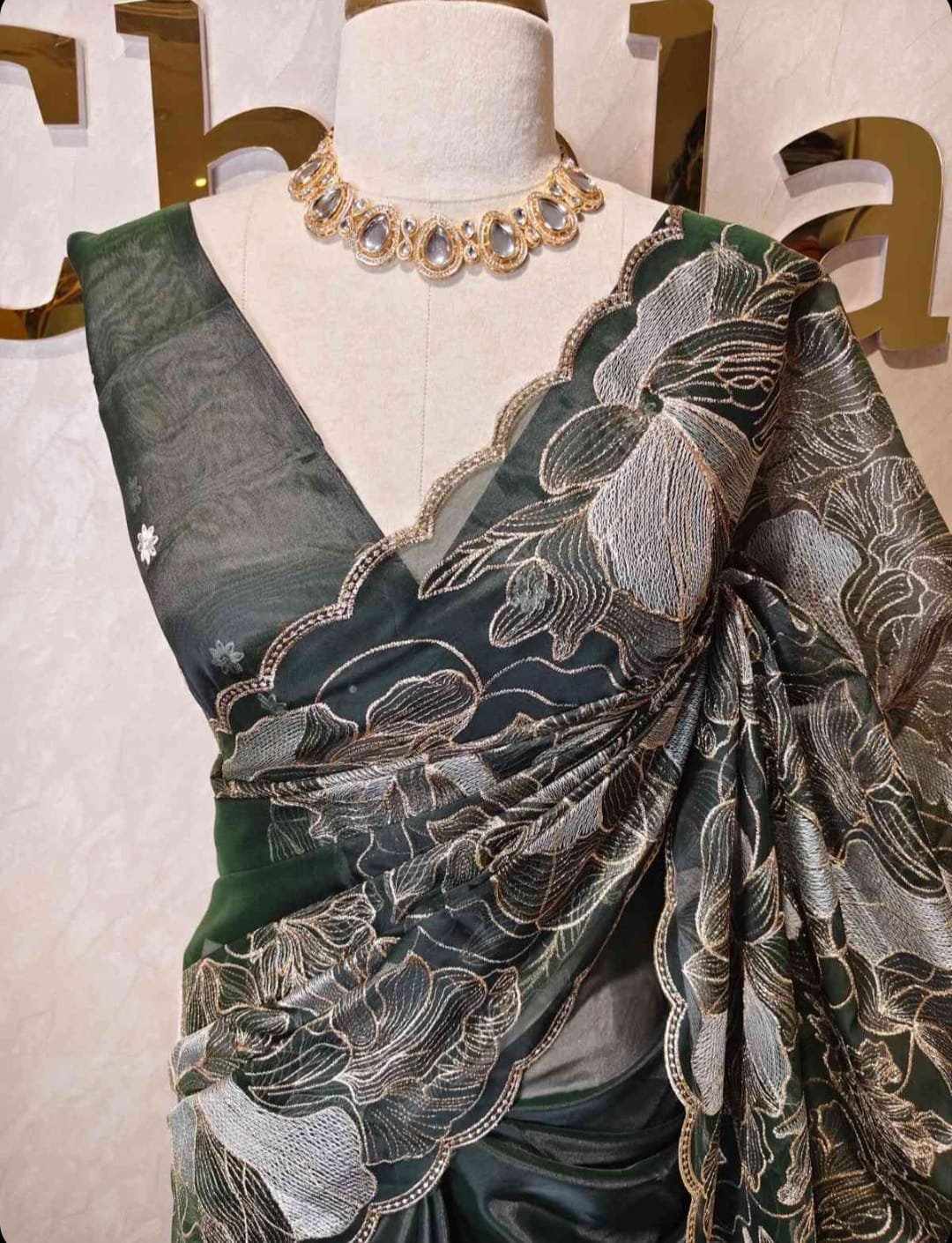 Bottle Green Floral Embroidered Designer Saree view 1