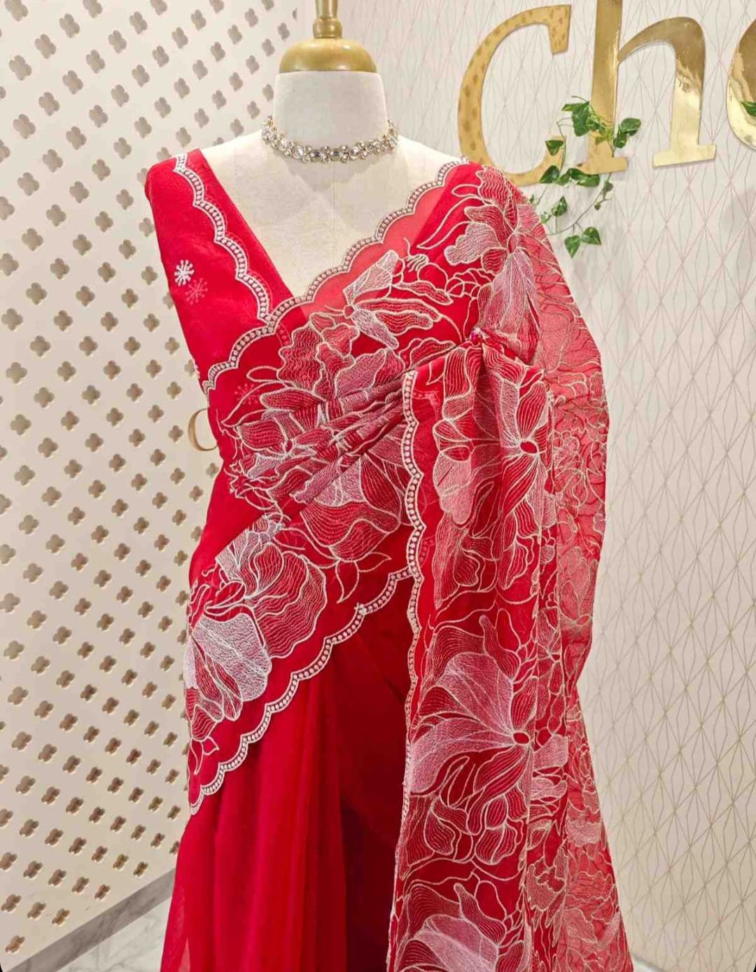 Ruby Red Floral Embroidered Designer Saree