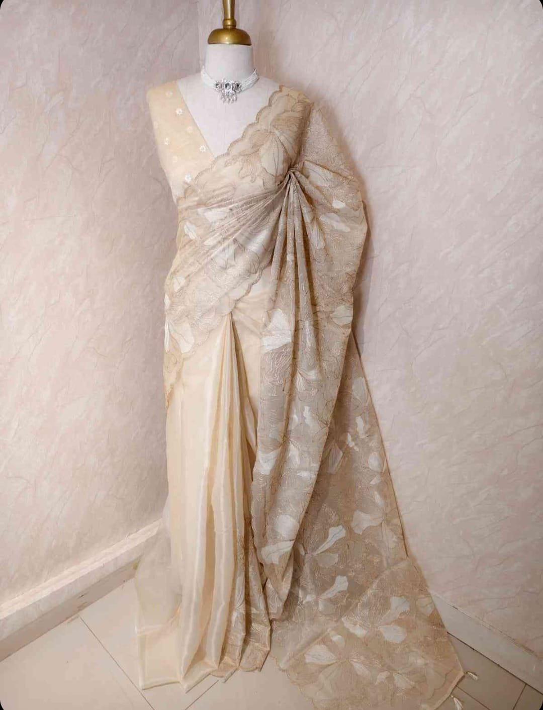 Ivory Cream Floral Embroidered Designer Saree