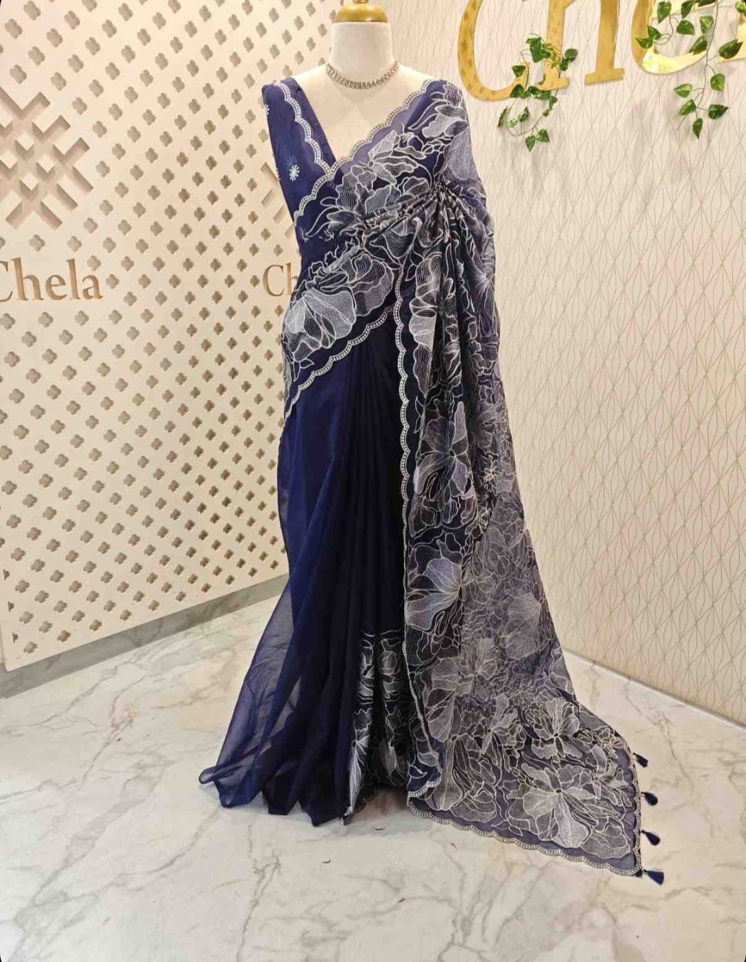 Midnight Navy Blue Floral Embroidered Designer Saree view 1
