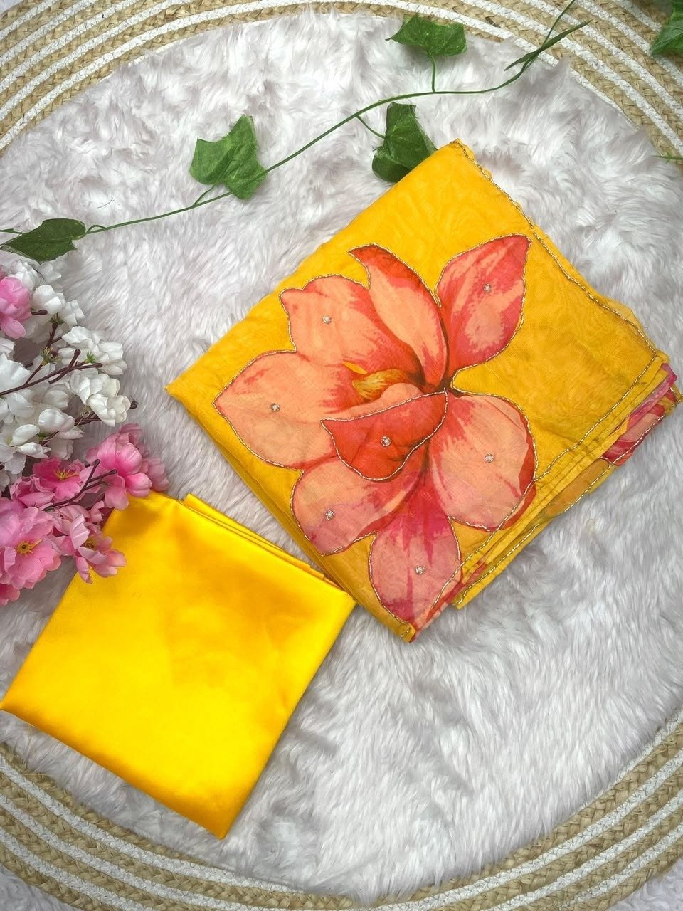 Bright Yellow Organza Silk Saree with Handpainted Floral Motif