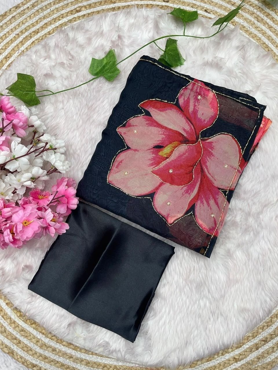 Classic Black Organza Silk Saree with Handpainted Floral Motif